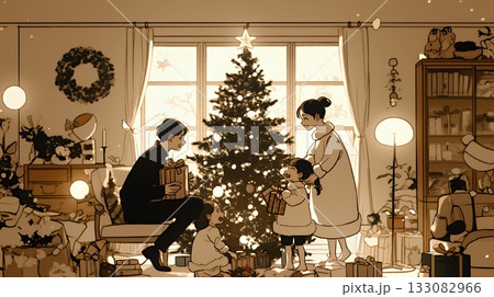 仲良し親子の楽しいクリスマス（シンプルな色使い）