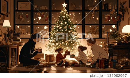 仲良し親子の楽しいクリスマス（シンプルな色使い）