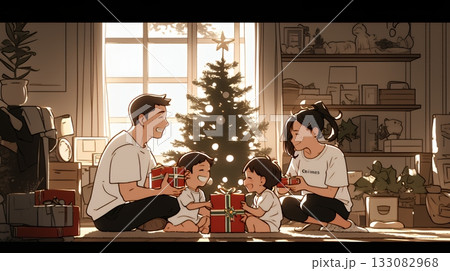 仲良し親子の楽しいクリスマス（シンプルな色使い）