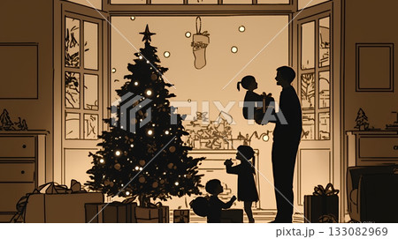 仲良し親子の楽しいクリスマス（シンプルな色使い）