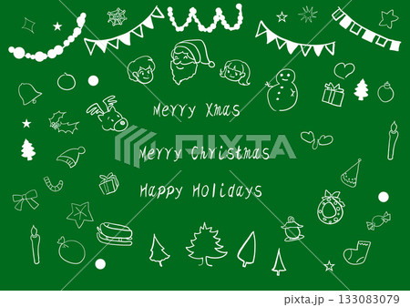 かわいいクリスマスのイラスト素材セット 白い素材 緑背景 かわいいクリスマスのイラスト素材セット 白い素材 緑背景 133083079