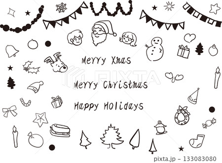 かわいいクリスマスのイラスト素材セット 黒の素材 白背景 かわいいクリスマスのイラスト素材セット 黒の素材 白背景 133083080