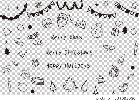 かわいいクリスマスのイラスト素材セット 黒の素材 白背景 かわいいクリスマスのイラスト素材セット 黒の素材 白背景 133083080