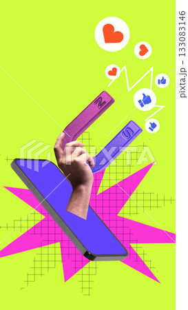 Energetic collage. Hand reaching magnet out of smartphone pulling likes icons. Energetic collage. Hand reaching magnet out of smartphone pulling likes icons. 133083146