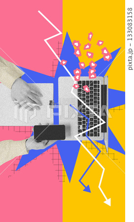 Futuristic composition. Laptop and phone with reaction icons and rising analytic arrows. Futuristic composition. Laptop and phone with reaction icons and rising analytic arrows. 133083158