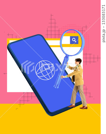 Bold poster. Large smartphone with globe icon and man holding magnifying glass. 133083171