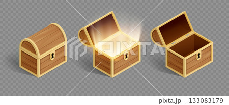 Open and closed treasure chest with glowing inside 133083179