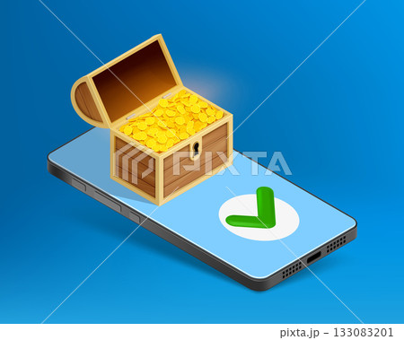 Treasure box with gold coins on the smartphone 133083201