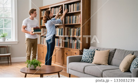 Young Couple Organizing Books on Shelves in a Cozy Living Room During Daylight Hours 133083239