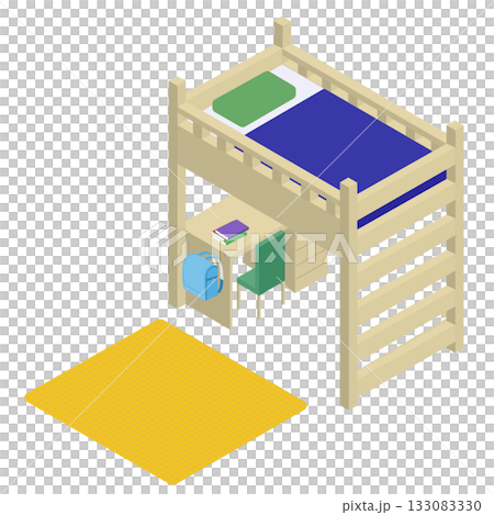 小学生男の子のロフトベッドと学習机のアイソメトリック素材 133083330