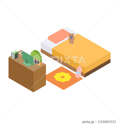 中学・高校生の女の子の部屋（シングルベッド・学習机）のアイソメトリック素材 133083331