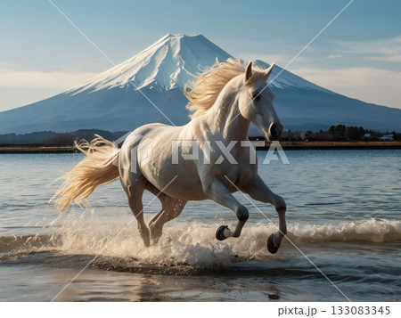 全力疾走する白馬。 133083345