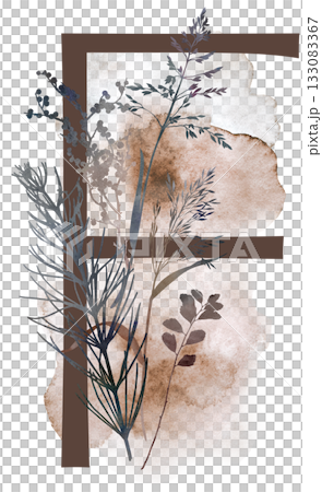 Capital letter F with watercolor autumn leaves and grass in earth tones, winter wedding illustration 133083367