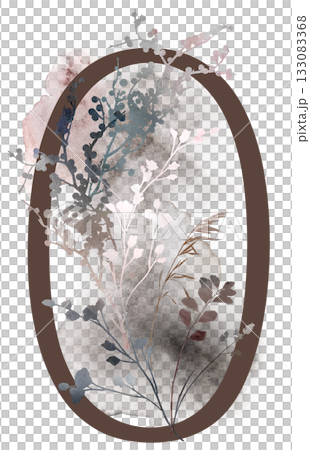 Number 0 with watercolor autumn leaves and grass in borwn tones, winter wedding illustration 133083368