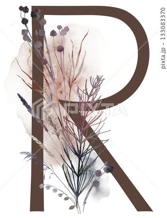 Capital letter R with watercolor autumn leaves and grass in earth tones, winter wedding illustration Capital letter R with watercolor autumn leaves and grass in earth tones, winter wedding illustration 133083370