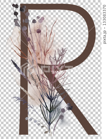 Capital letter R with watercolor autumn leaves and grass in earth tones, winter wedding illustration 133083370