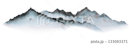 Watercolor illustration of panoramic view of the blue mountains, party design and winter wedding 133083371