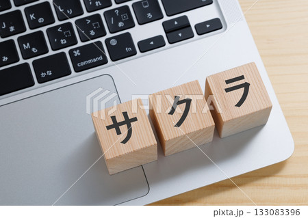 パソコンの上にサクラと書かれたブロック パソコンの上にサクラと書かれたブロック 133083396