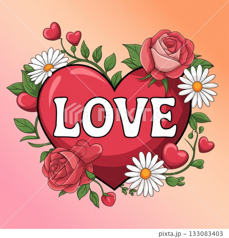 Heart Design Featuring Love Text Surrounded by Roses and Daisies in Vibrant Colors 133083403