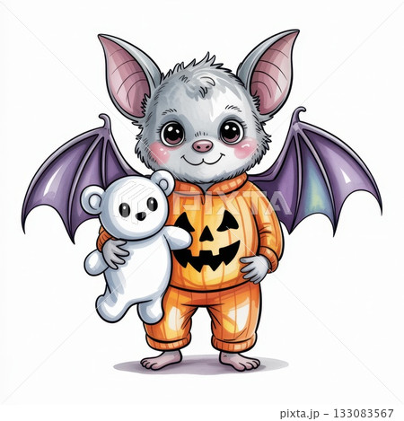 Charming Bat Character in a Pumpkin Costume Holding a Cute Teddy Bear 133083567