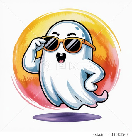 Whimsical Ghost Character Wearing Sunglasses in a Vibrant Watercolor Art Style Whimsical Ghost Character Wearing Sunglasses in a Vibrant Watercolor Art Style 133083568