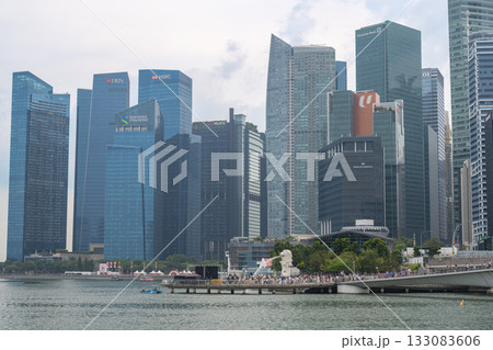 マリーナベイから望む超高層ビル群とマーライオン, シンガポール 133083606
