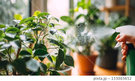 Hand misting houseplants near bright window. Dewy leaves and sunlight create serene and refreshing home gardening atmosphere. Indoor nature care and wellness vibe 133083652