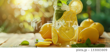 Refreshing lemon water with mint and ice Refreshing lemon water with mint and ice 133083809