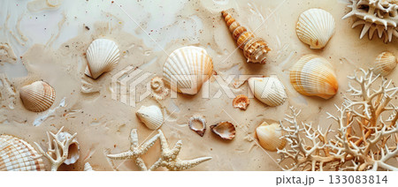 Seashells and coral on sandy beach background 133083814