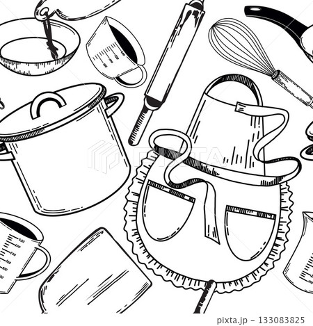 A seamless vector pattern on the theme of the kitchen, a cooking apron, a fire pit, a frying pan, a rolling pin, other kitchen utensils hand-drawn. For printing on kitchen textiles, kitchen. A seamless vector pattern on the theme of the kitchen, a cooking apron, a fire pit, a frying pan, a rolling pin, other kitchen utensils hand-drawn. For printing on kitchen textiles, kitchen. 133083825
