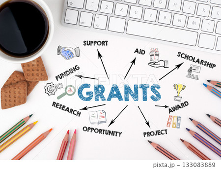Grants Concept. Chart with keywords and icons. White office desk Grants Concept. Chart with keywords and icons. White office desk 133083889