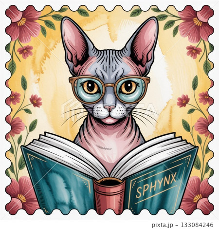 Sphynx Cat Reading a Book With Glasses in a Colorful Postage Stamp Illustration Design 133084246