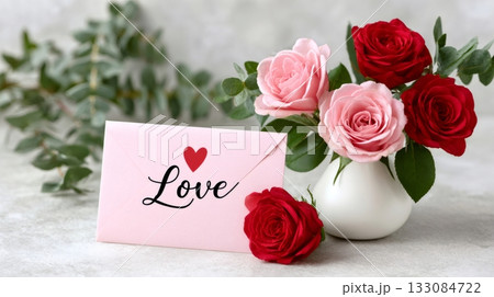 Pink love letter with roses for Valentine's Day Pink love letter with roses for Valentine's Day 133084722