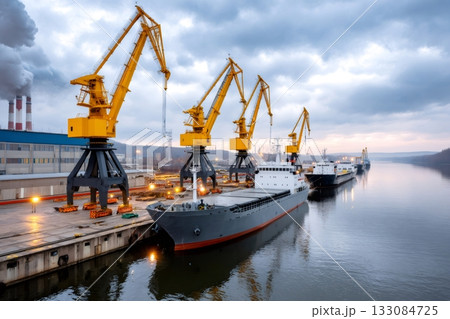 Cargo ships loading at industrial port with cranes Cargo ships loading at industrial port with cranes 133084725