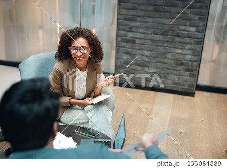 consultant reviewing papers, female counselor providing detailed guidance with attentive interaction consultant reviewing papers, female counselor providing detailed guidance with attentive interaction 133084889