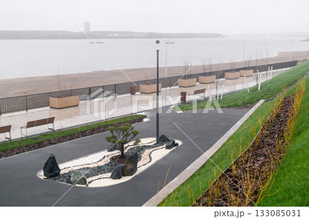 beautiful landscaped garden on the autumn river embankment beautiful landscaped garden on the autumn river embankment 133085031