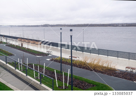 landscaping on the bank of the river in autumn 133085037