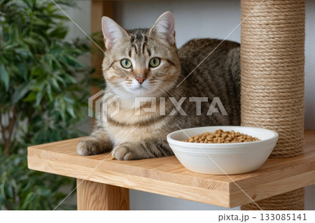 Tabby cat resting on cat tree with food bowl Tabby cat resting on cat tree with food bowl 133085141
