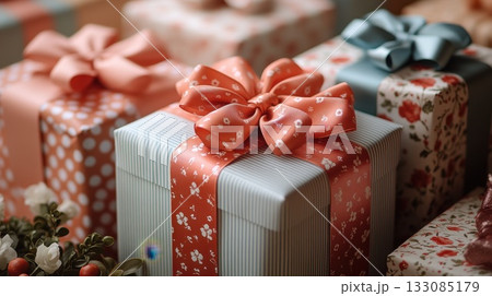 Gift boxes wrapped in decorative paper and ribbons at a festive gathering during the holiday season 133085179