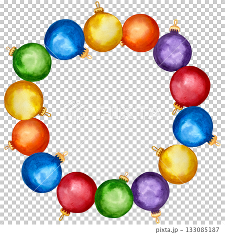 Watercolor illustration of cute winter balls arranged in a circular frame. Winter holiday design, Christmas decoration, snowflake wreath. 133085187
