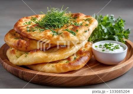 Flatbread stack with chives and sour cream dip Flatbread stack with chives and sour cream dip 133085204
