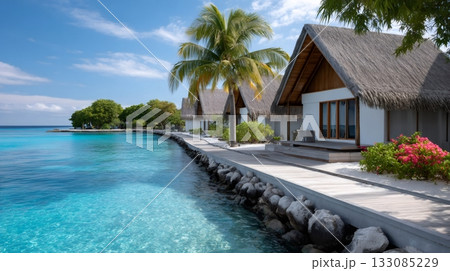Maldives resort bungalows along turquoise ocean water Maldives resort bungalows along turquoise ocean water 133085229