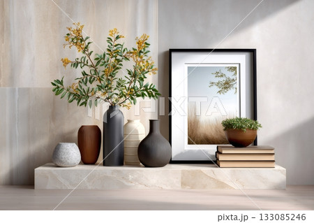 Modern vases and framed art creating home decor 133085246