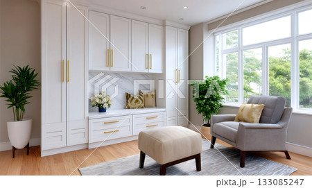 Minimalist living room interior with built-in cabinetry and window view 133085247