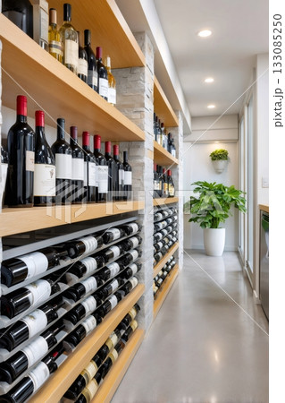 Modern wine cellar with many bottles stored 133085250