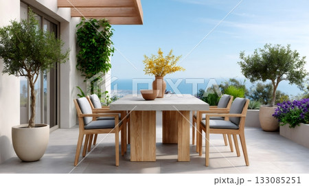 Outdoor dining area with ocean view 133085251