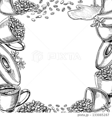 A square frame with cups of coffee beans, plates, and flowers. Realistic vector illustration for coffee shop menus, interiors, price tags, and product packaging. 133085287
