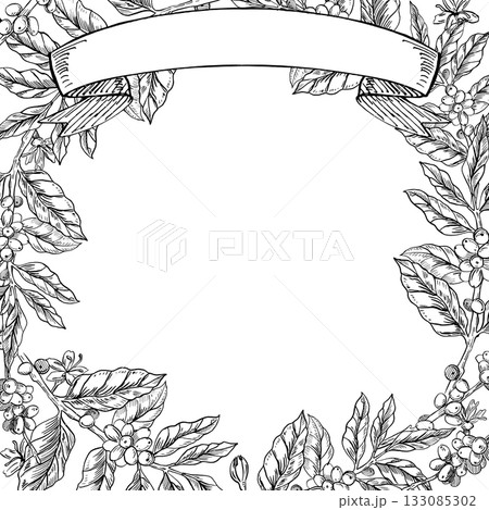 A square frame with coffee branches and a banner. Realistic vector illustration for coffee shop menus, interiors, price tags, and product packaging. A square frame with coffee branches and a banner. Realistic vector illustration for coffee shop menus, interiors, price tags, and product packaging. 133085302