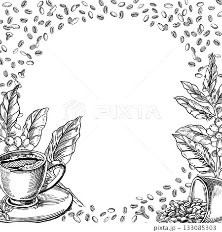 A square frame with a coffee cup, coffee beans, and branches. Realistic vector illustration for coffee shop menus, interiors, price tags, and product packaging. A square frame with a coffee cup, coffee beans, and branches. Realistic vector illustration for coffee shop menus, interiors, price tags, and product packaging. 133085303