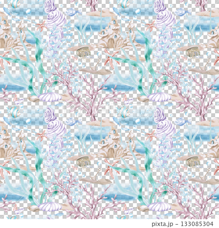 A seamless pattern featuring an underwater castle, chest, and seaweed on a blue background. A fairytale-style watercolor illustration for nautical-themed interiors, pool designs, and children's rooms. 133085304
